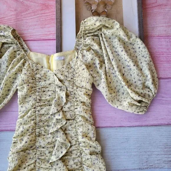 Lush Yellow Floral Puff Sleeves Ruched Ruffle Fitted Bodycon Mini Dress Small - Picture 2 of 6